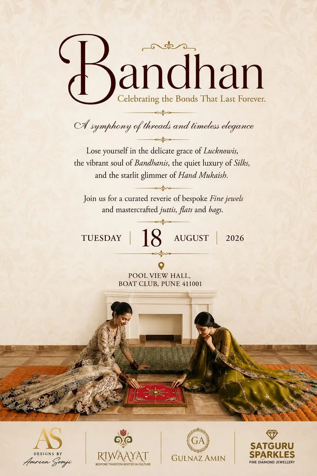 Bandhan exhibition invitation for 18 August 2026 at Pool View Hall, Boat Club, Pune, featuring Gulnaz Amin and fellow designers
