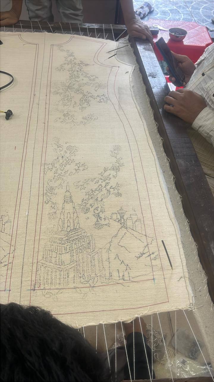 Hand-drawn personal motifs mapped onto a bridal garment pattern